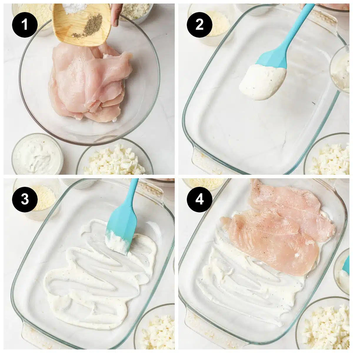 Four steps for Caesar chicken: salt and pepper sprinkled over the raw breasts, dressing spooned into the glass dish, the dressing spread with a spatula, and a breast laid on top