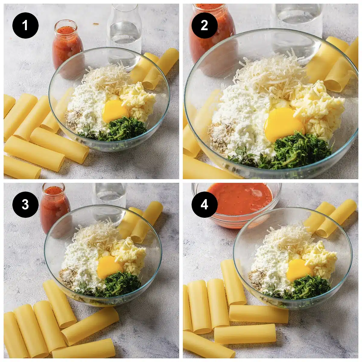 Four steps: the cheese filling mixed in a glass bowl with dry tubes alongside