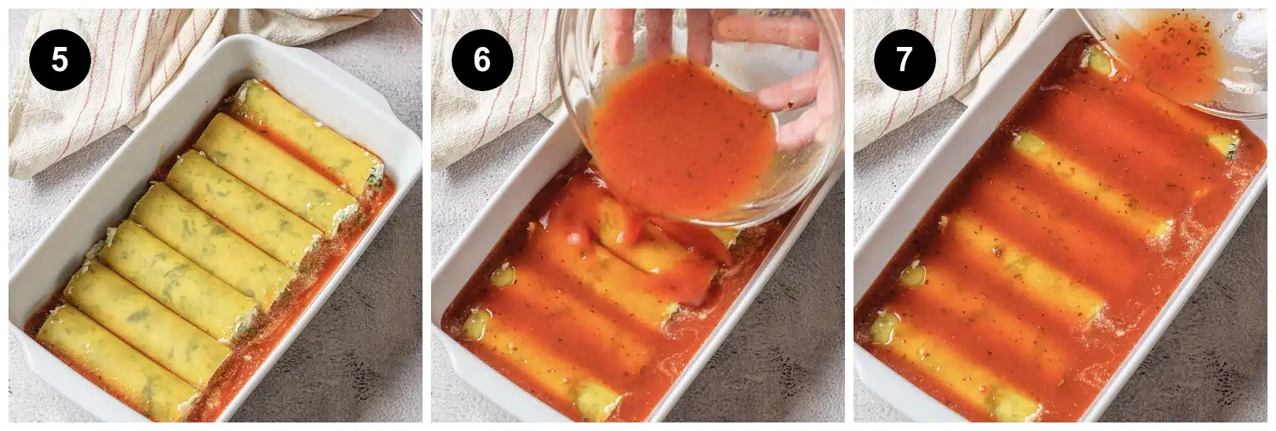 Three steps: filled tubes laid in the dish, then sauce poured over them