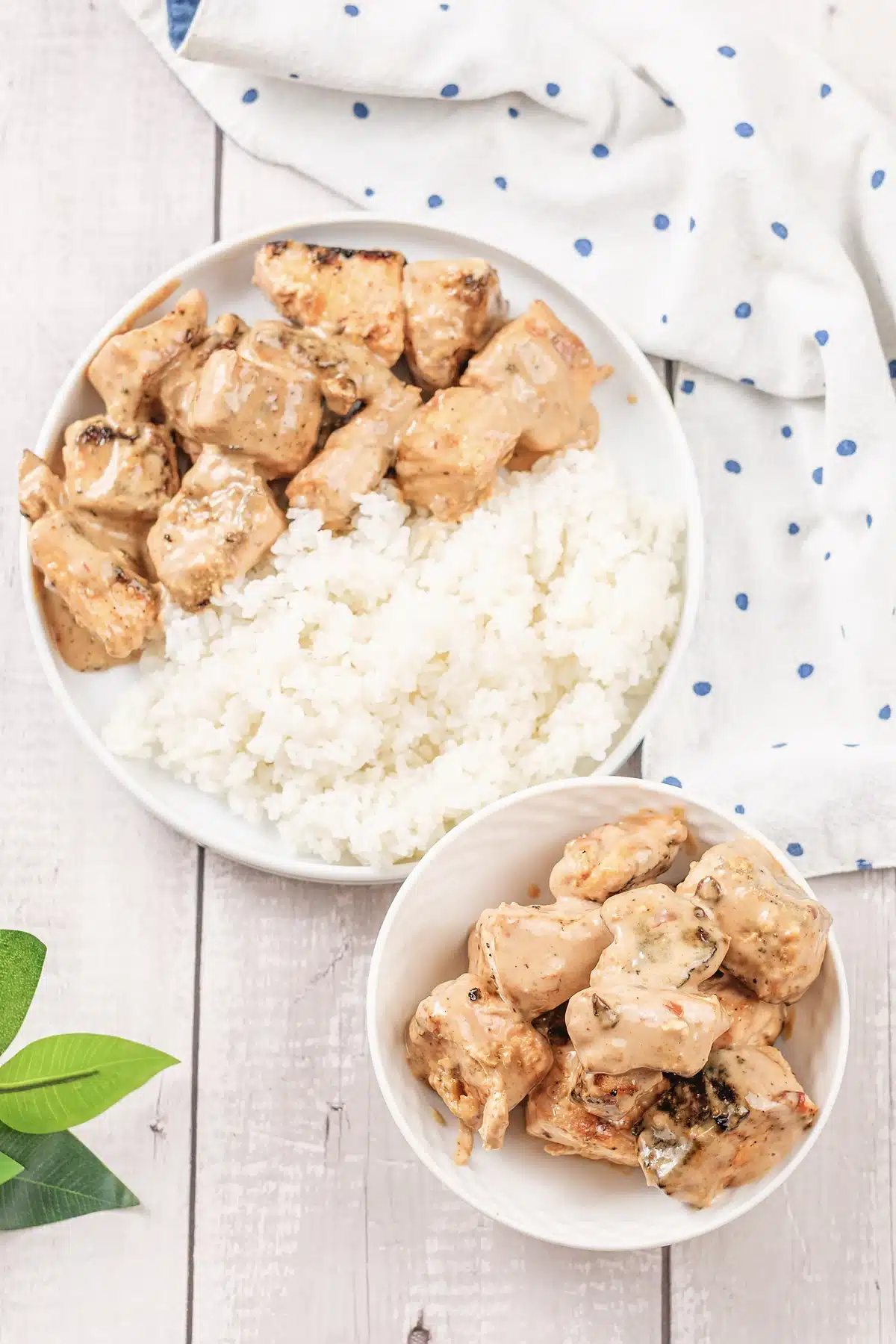 Bang bang salmon bites served two ways, over rice and piled in a bowl