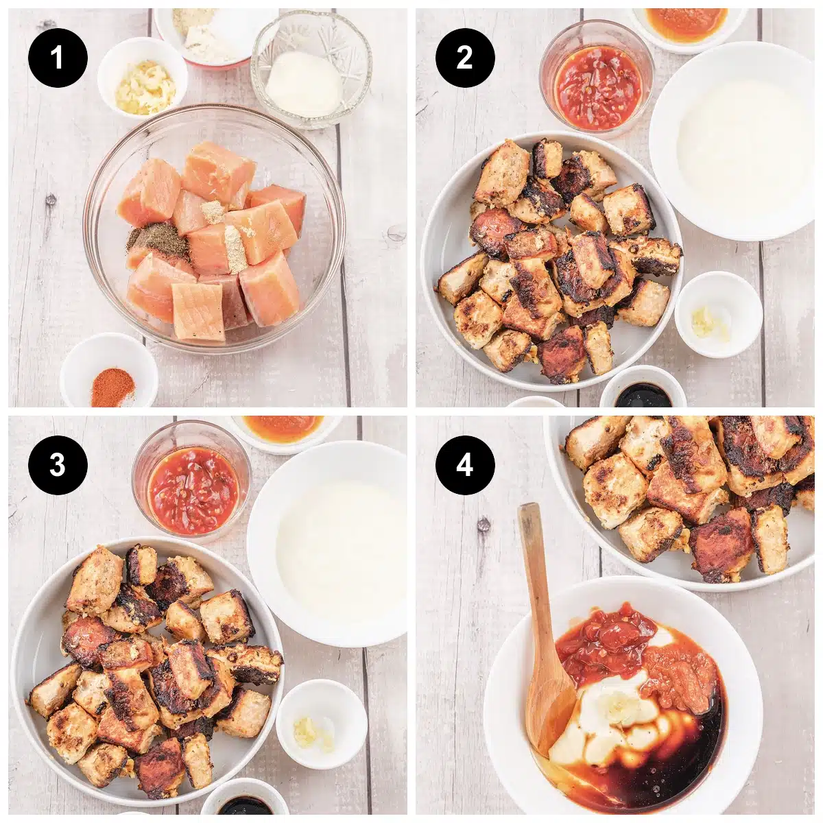 Four steps: the fish cubed and seasoned, roasted golden, then the sauce whisked