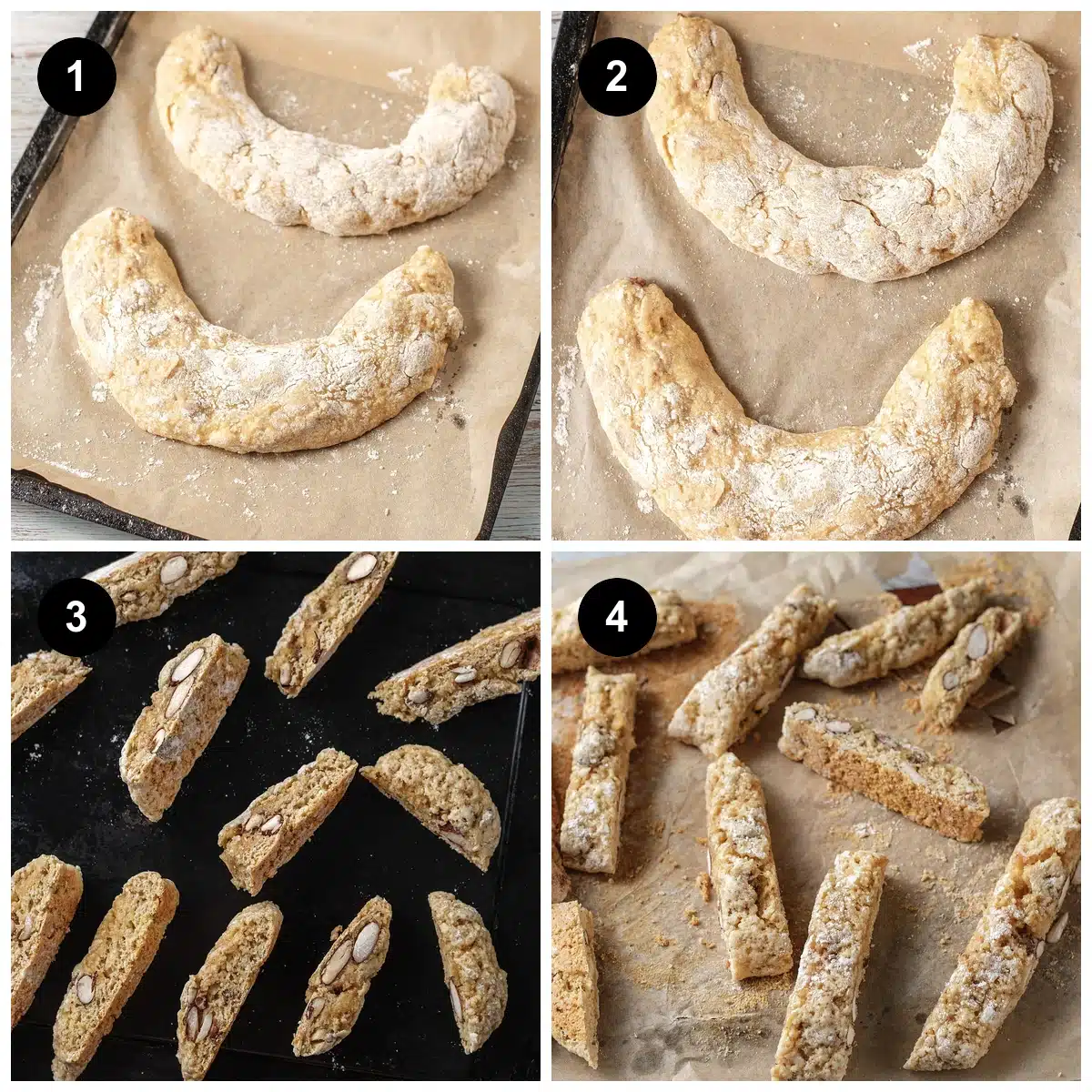 Four steps: two shaped dough logs, the baked logs, the cut slices on a tray, then the finished slices