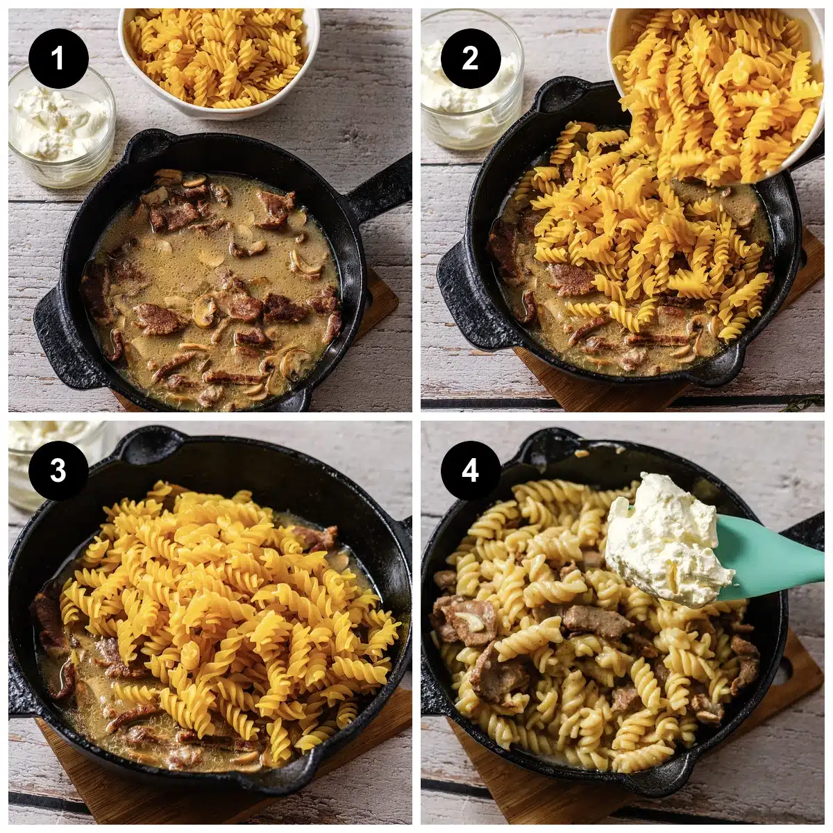Four steps: beef and mushrooms in broth, dry pasta poured in, the pasta settled in the liquid, then sour cream added