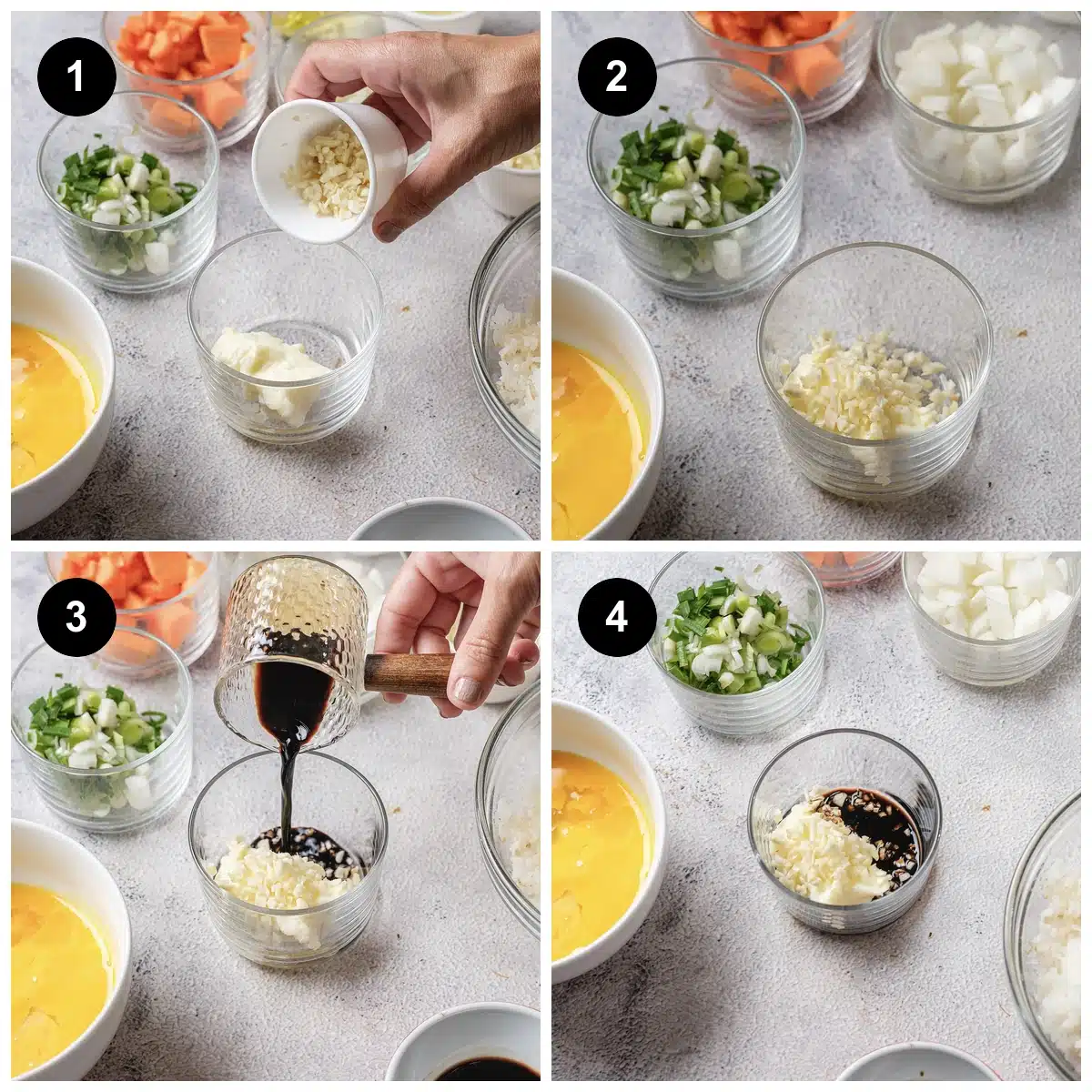 Four steps: garlic tipped into softened butter, stirred, soy sauce poured in, then combined