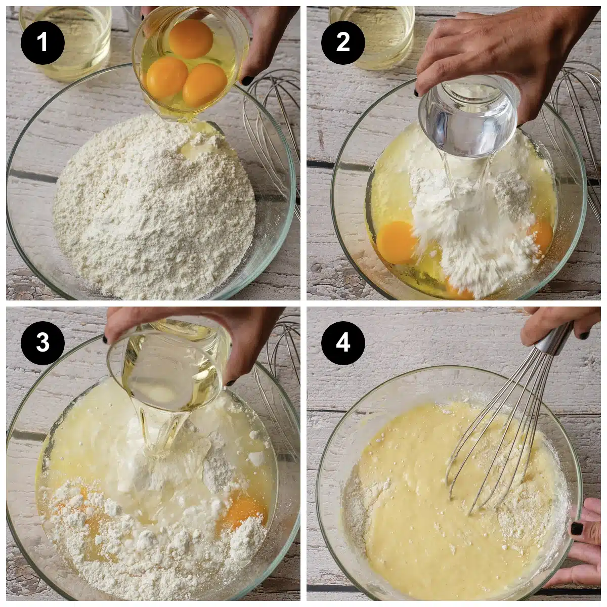Four steps for Boston cream poke cake: eggs into the mix, water poured in, oil added, then the batter whisked smooth
