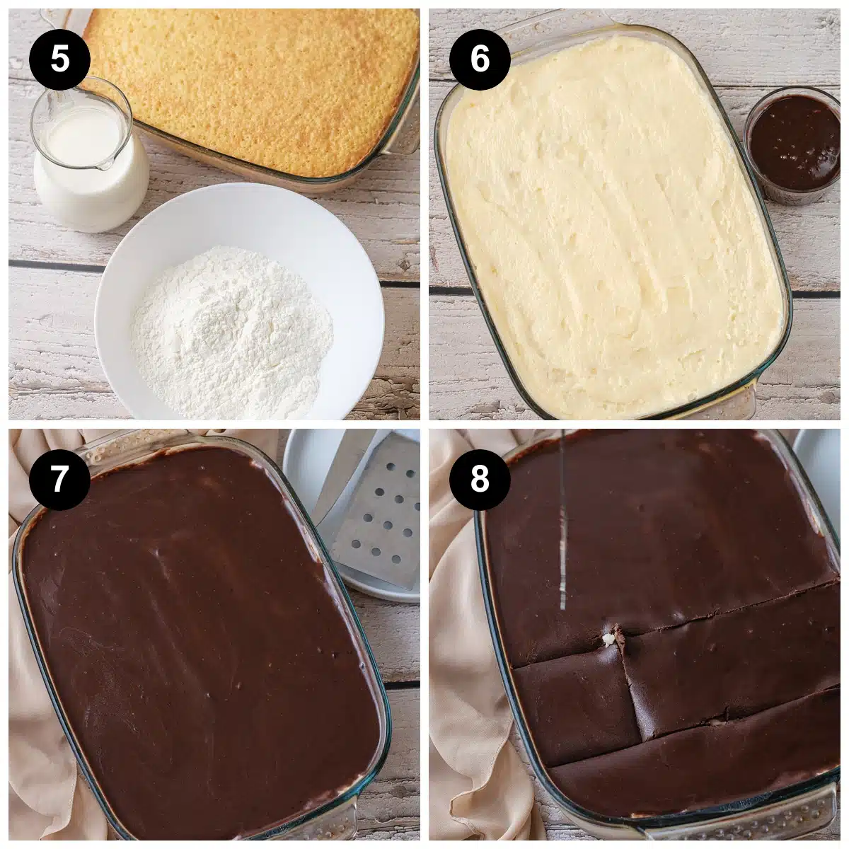 The baked yellow sheet beside milk and pudding mix, the pudding layer spread over it, then the chocolate ganache poured and smoothed