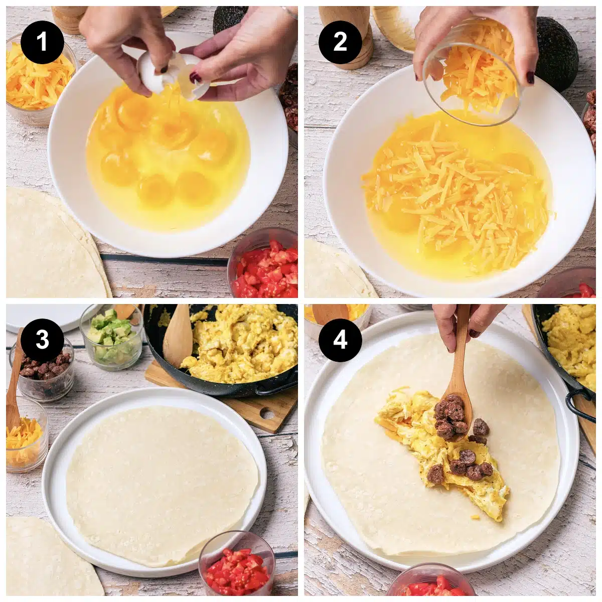 Four steps: eggs cracked into a bowl, shredded cheddar added, the scrambled eggs in a skillet beside a tortilla on a plate, and eggs and sausage spooned onto the tortilla
