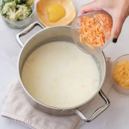 The pot filled with pale, thickened broth after whisking