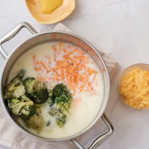 Florets and shredded carrot simmering in the creamy base with grated cheddar beside the pot