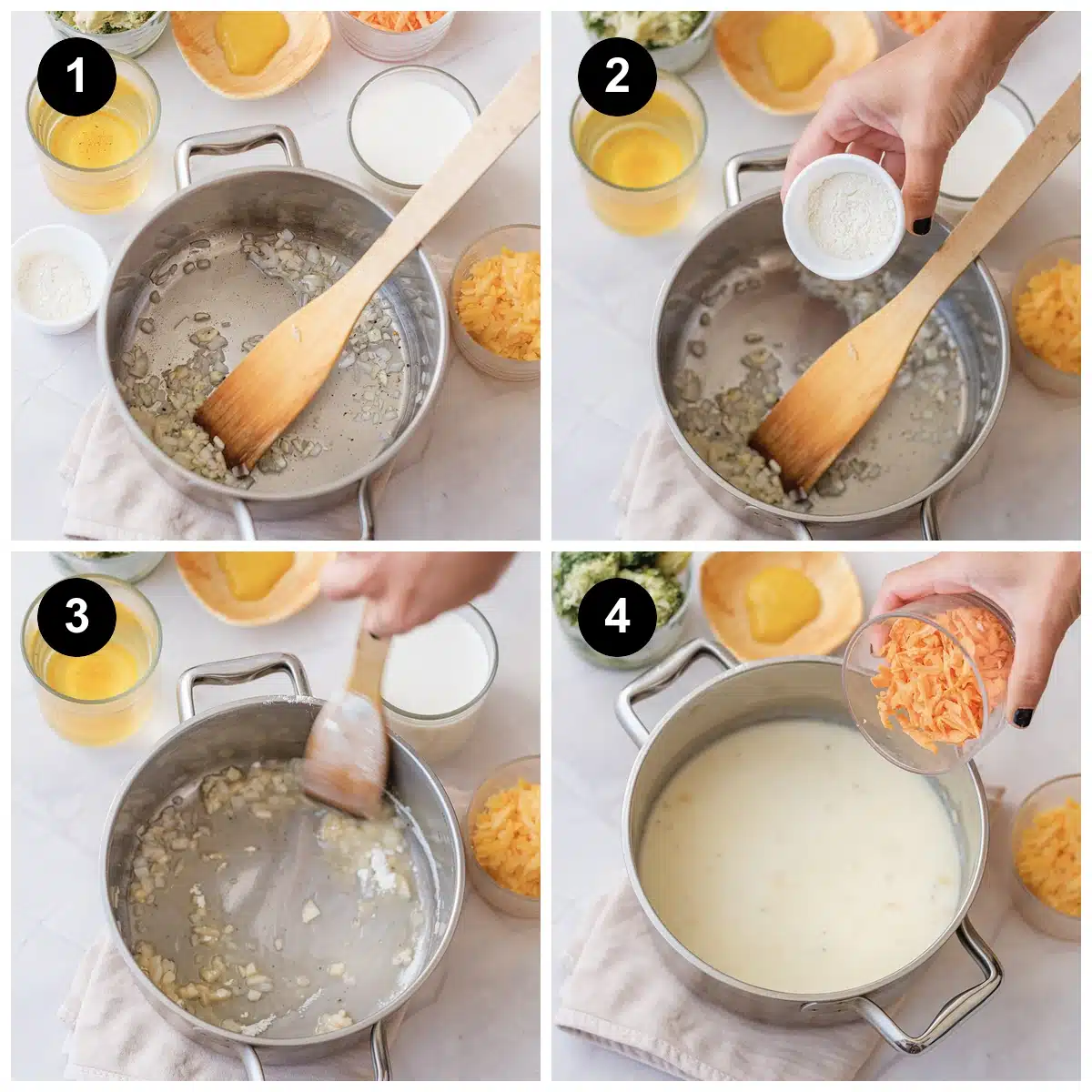 Four steps: onion softening in butter, flour added, the roux stirred, and the pot filled with pale broth