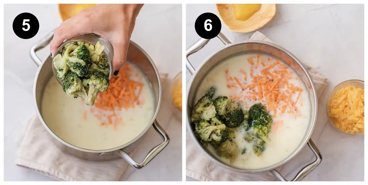 Two steps: florets and shredded carrot added to the creamy pot, then simmering with grated cheese ready beside it