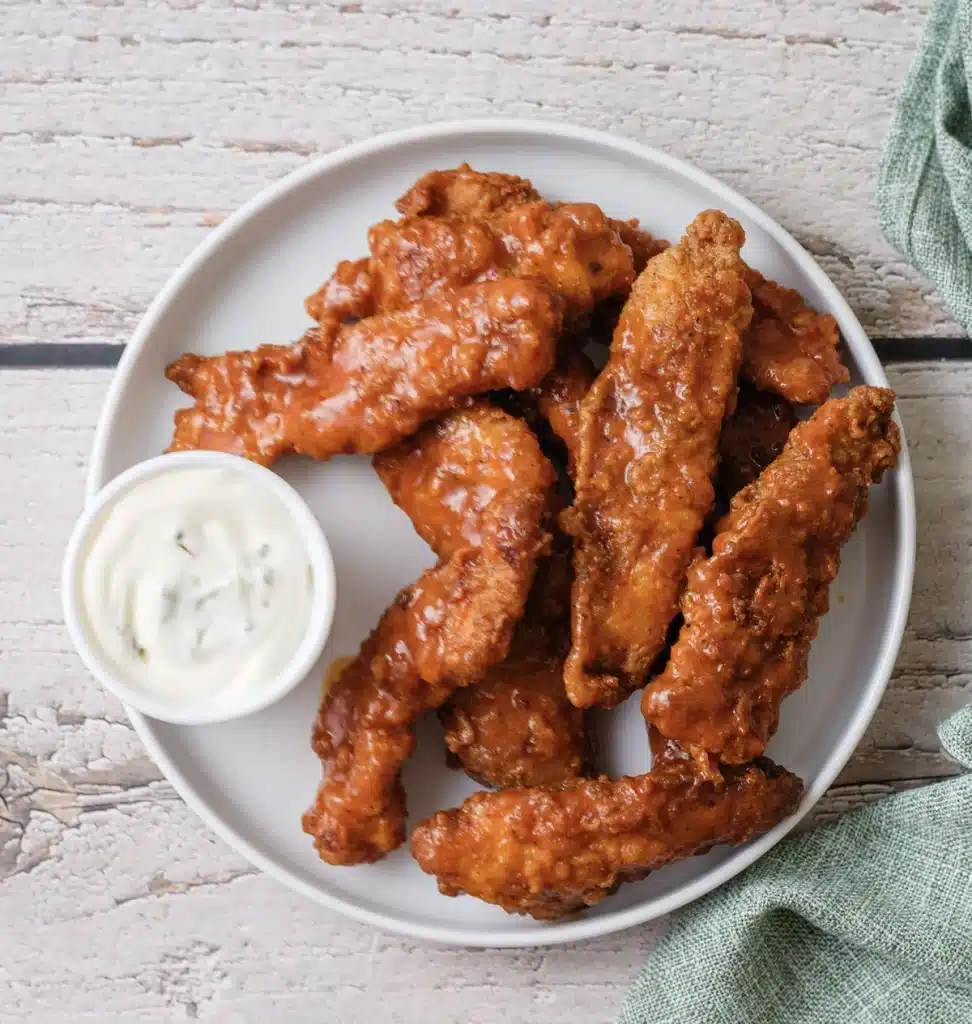 Buffalo chicken tenders on a white plate with a cup of ranch, seen from directly above