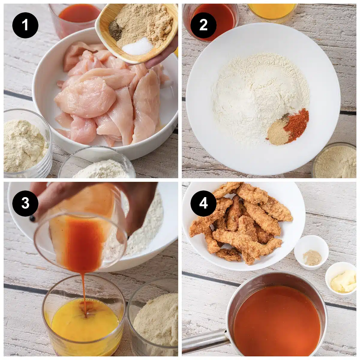 Four steps: seasoning tipped over raw chicken strips, the spiced flour dredge, hot sauce poured into beaten egg, and the baked tenders next to a pan of buffalo sauce