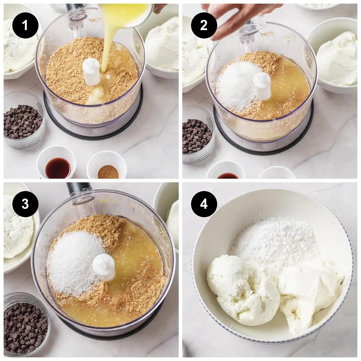 Four steps: crumbs in the processor, butter poured in, sugar added, then the blitzed crust mixture