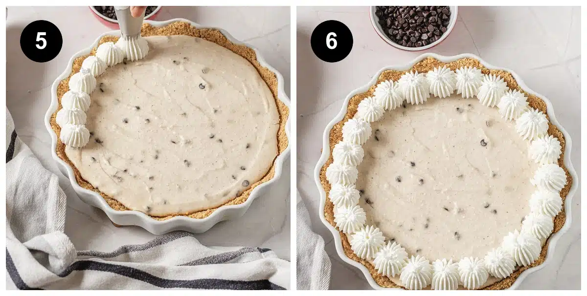 Two steps: the beaten filling smoothed into the cooled crust, then chilled and topped