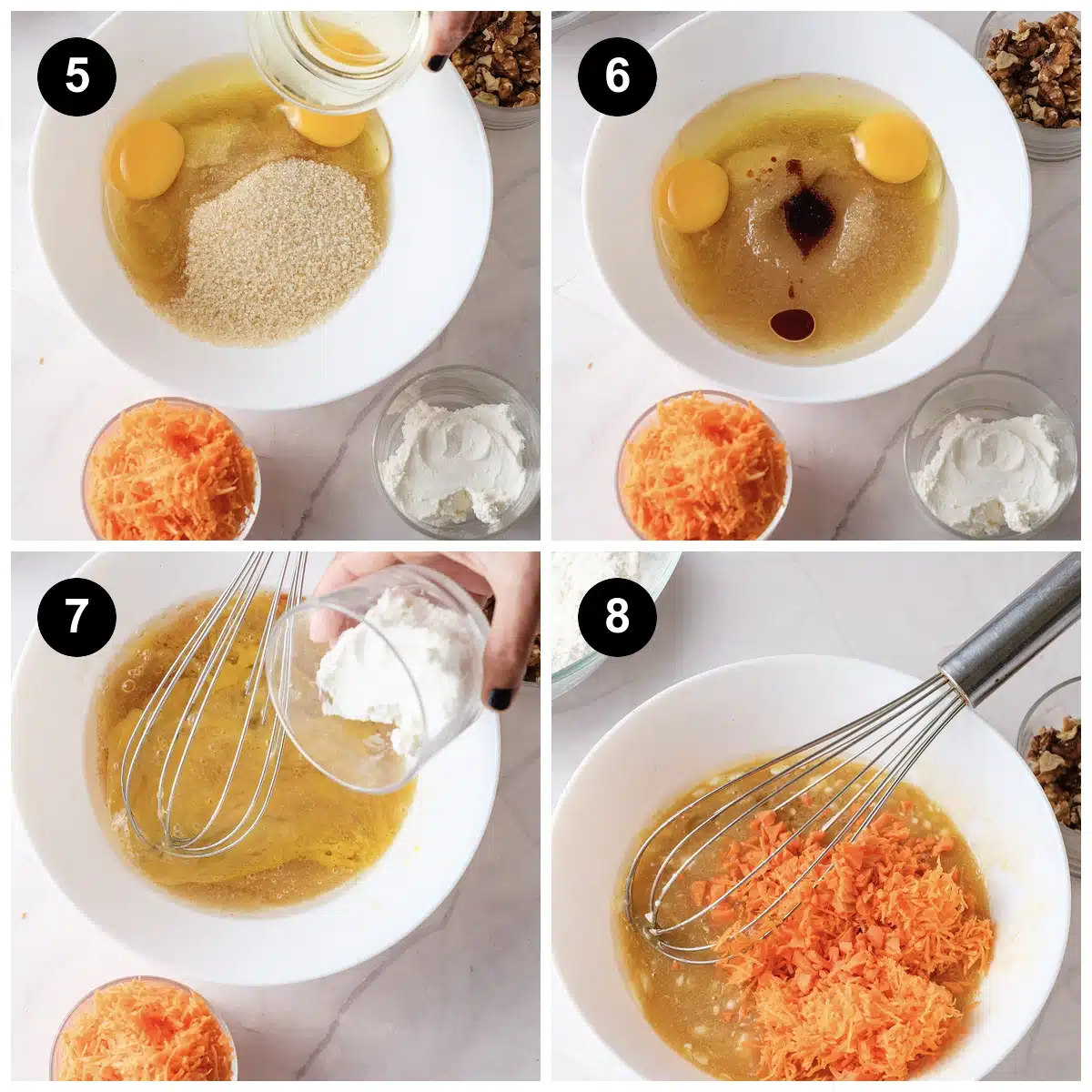 Oil poured onto the sugar and eggs, vanilla added, the dry mix tipped in, then grated orange shreds folded through