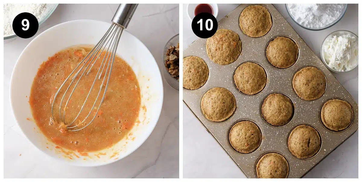 The finished batter flecked with orange, then twelve golden domes baked in a bare muffin tin