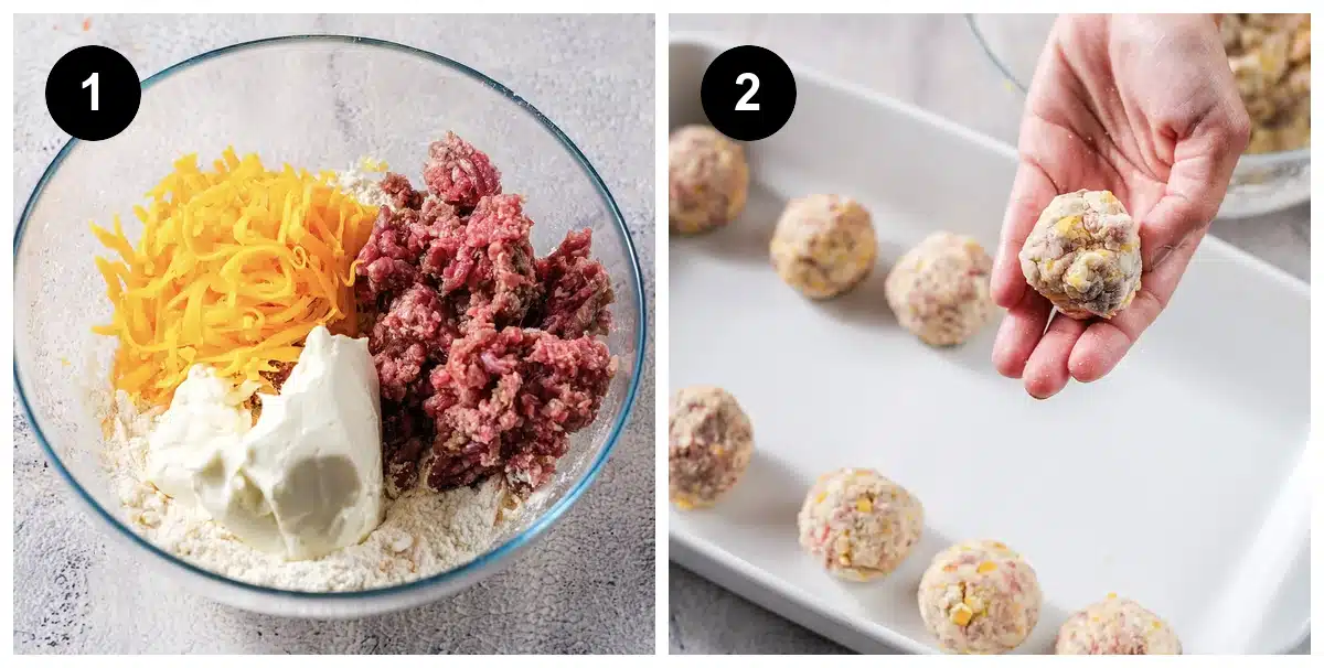 Two steps: everything in one bowl, then the mixture rolled into balls on a tray