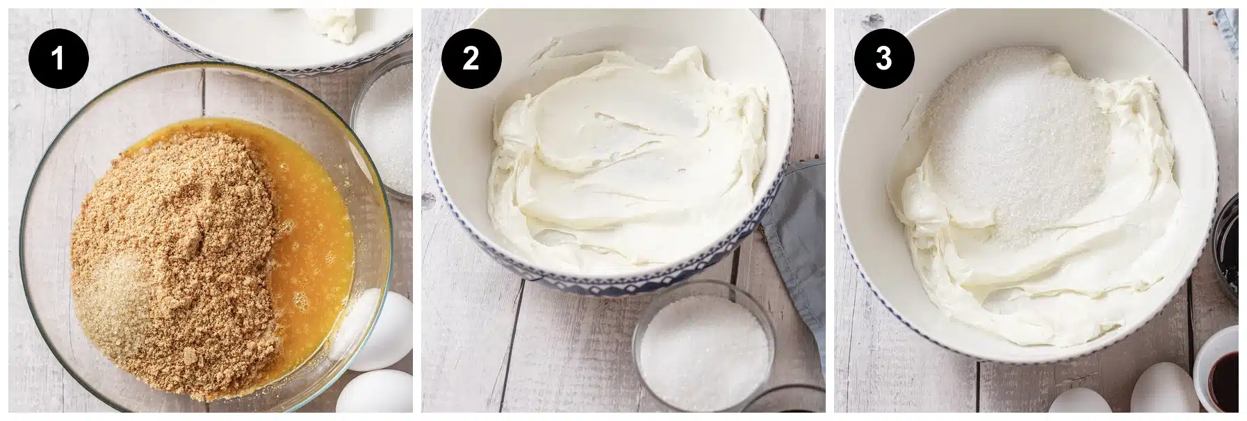 Three steps: crumbs and butter stirred, the filling beaten smooth, sugar added