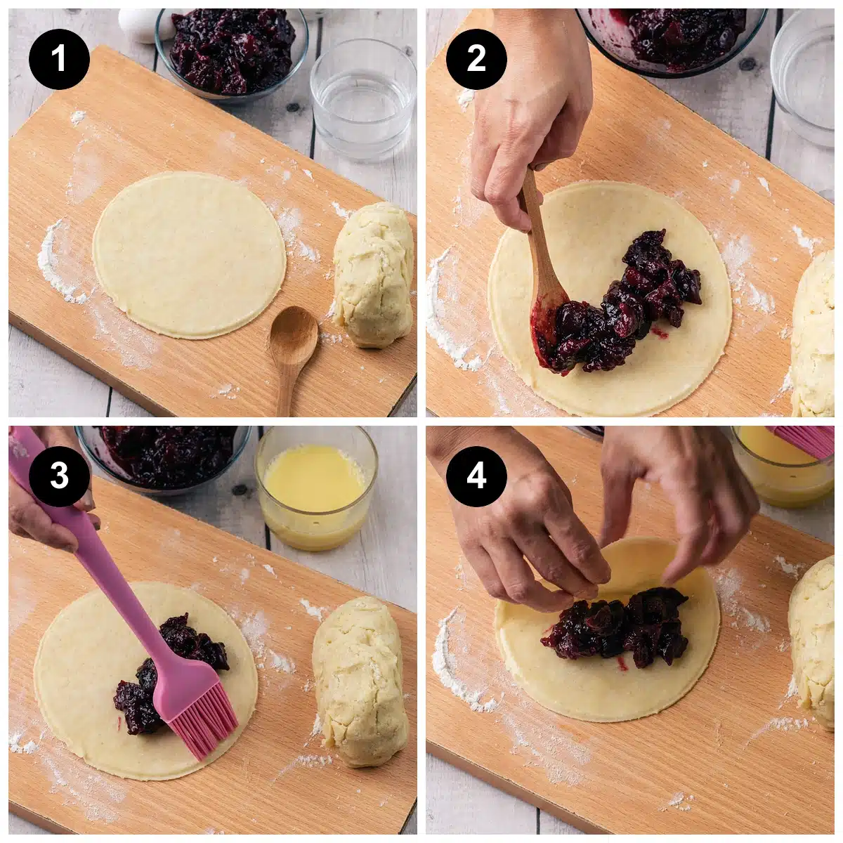 Four steps for cherry hand pies: a round cut from the dough, filling spooned on, the edge brushed with egg, then more filling piled in the center