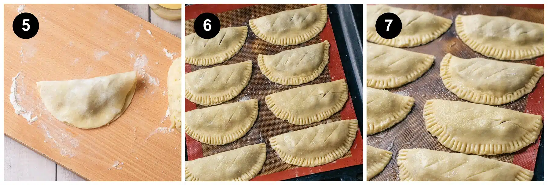 A round folded into a half-moon, crimped half-moons lined up on a baking sheet, then their tops slit and sugared