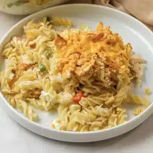 A single plated serving of creamy chicken noodle casserole, rotini version, with the cracker topping