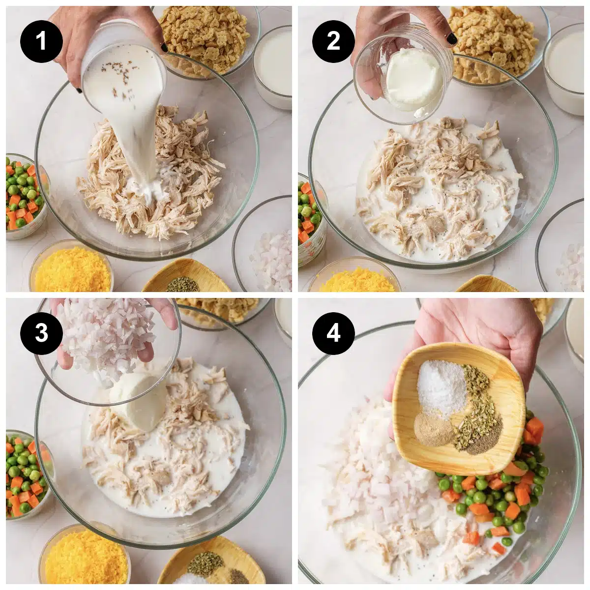 Four steps: soup poured over shredded chicken in a glass bowl, sour cream added, diced onion added, then the seasonings tipped in with peas and carrots