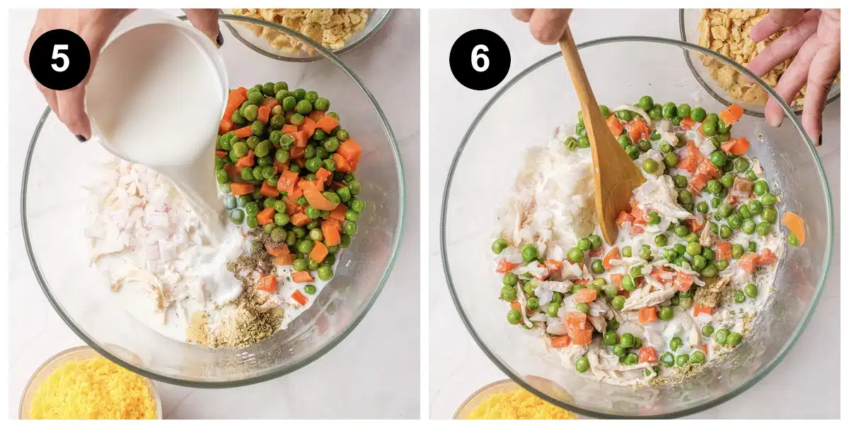 Two steps: milk poured into the bowl of shredded meat, peas and carrots, then the filling stirred together with a wooden spoon