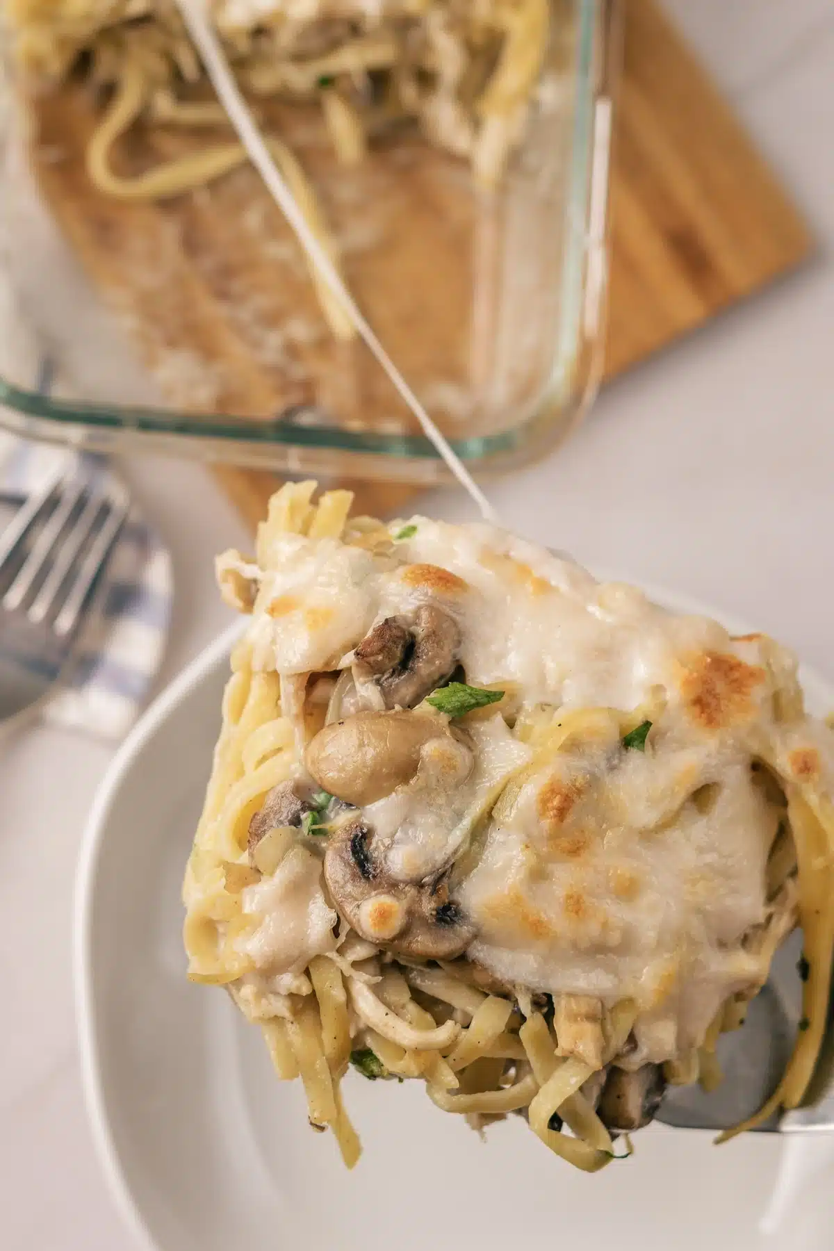 A portion held on a spatula over a white plate, showing the mushrooms and noodles under the melted cheese