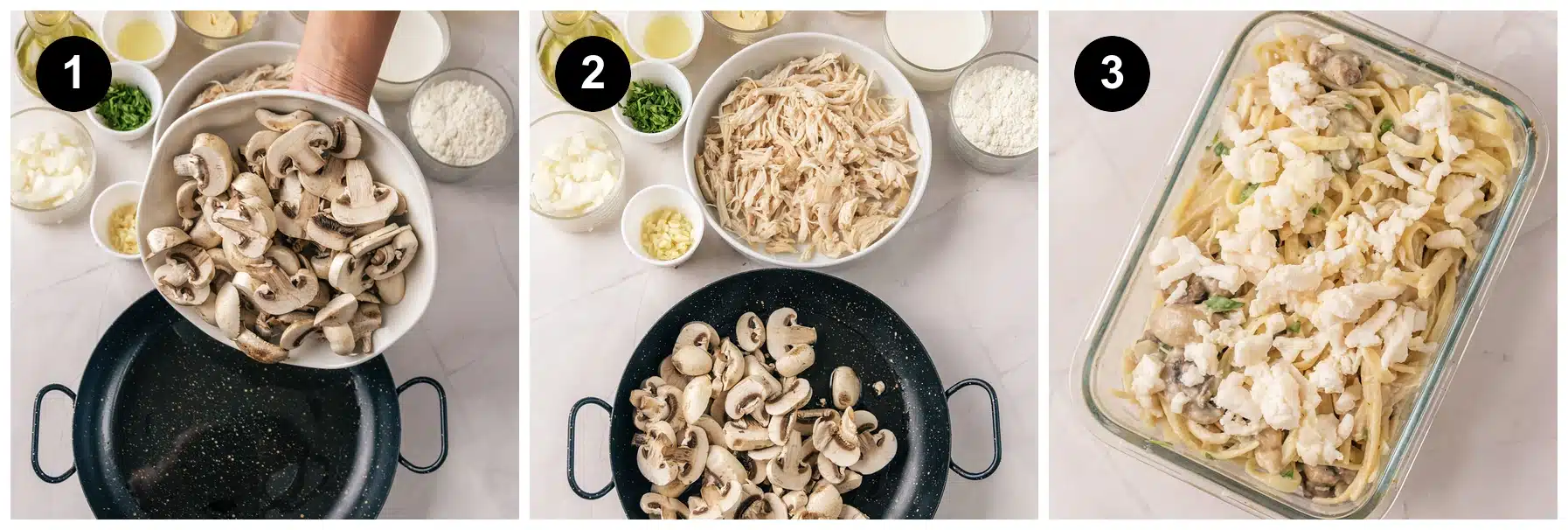 Three steps: mushrooms tipped into a skillet, the mushrooms browning, and the assembled pasta topped with shredded cheese in a glass dish