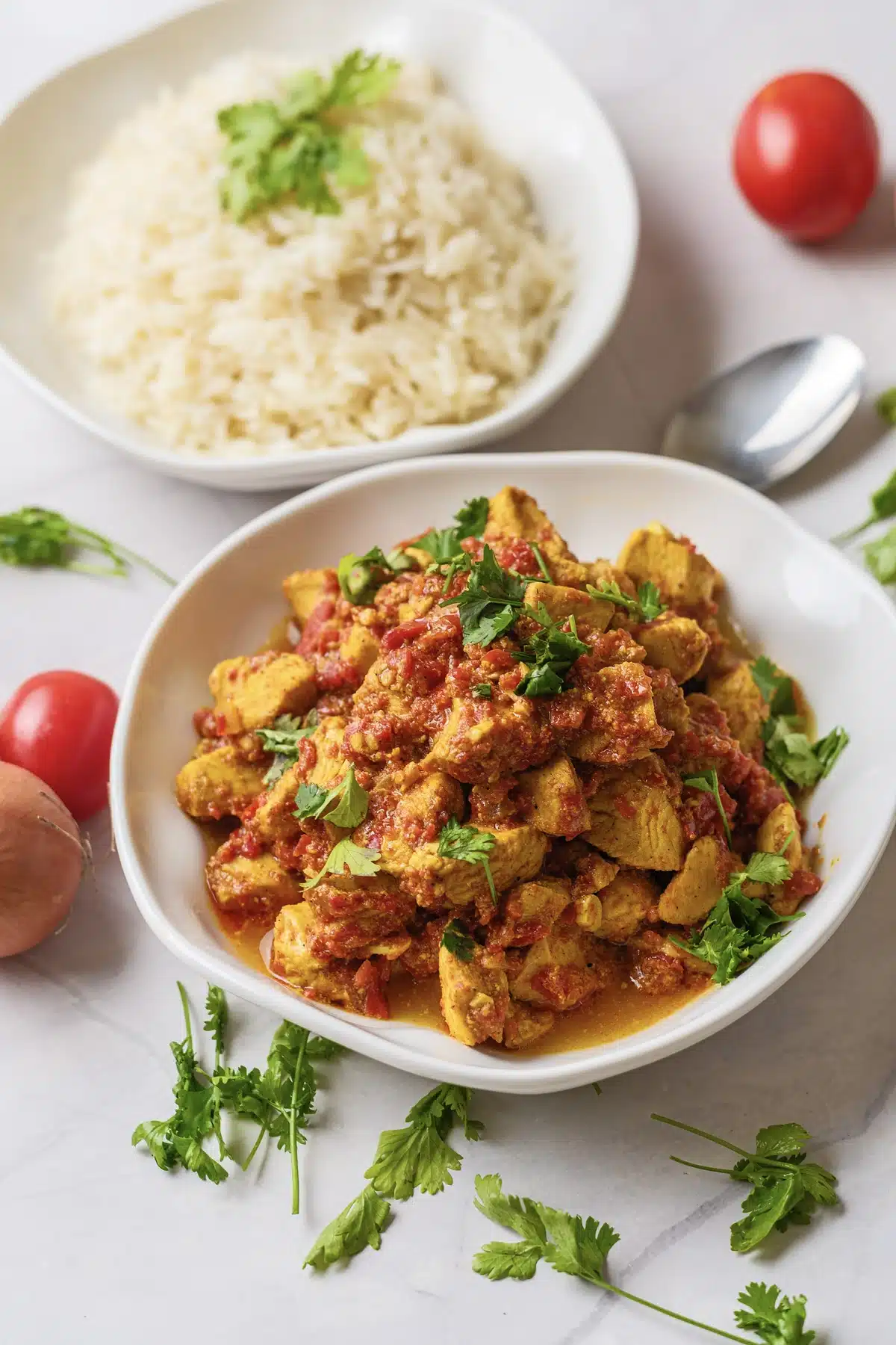A plate of spiced pieces in thick tomato sauce with cilantro leaves, seen from the side with rice and a spoon behind