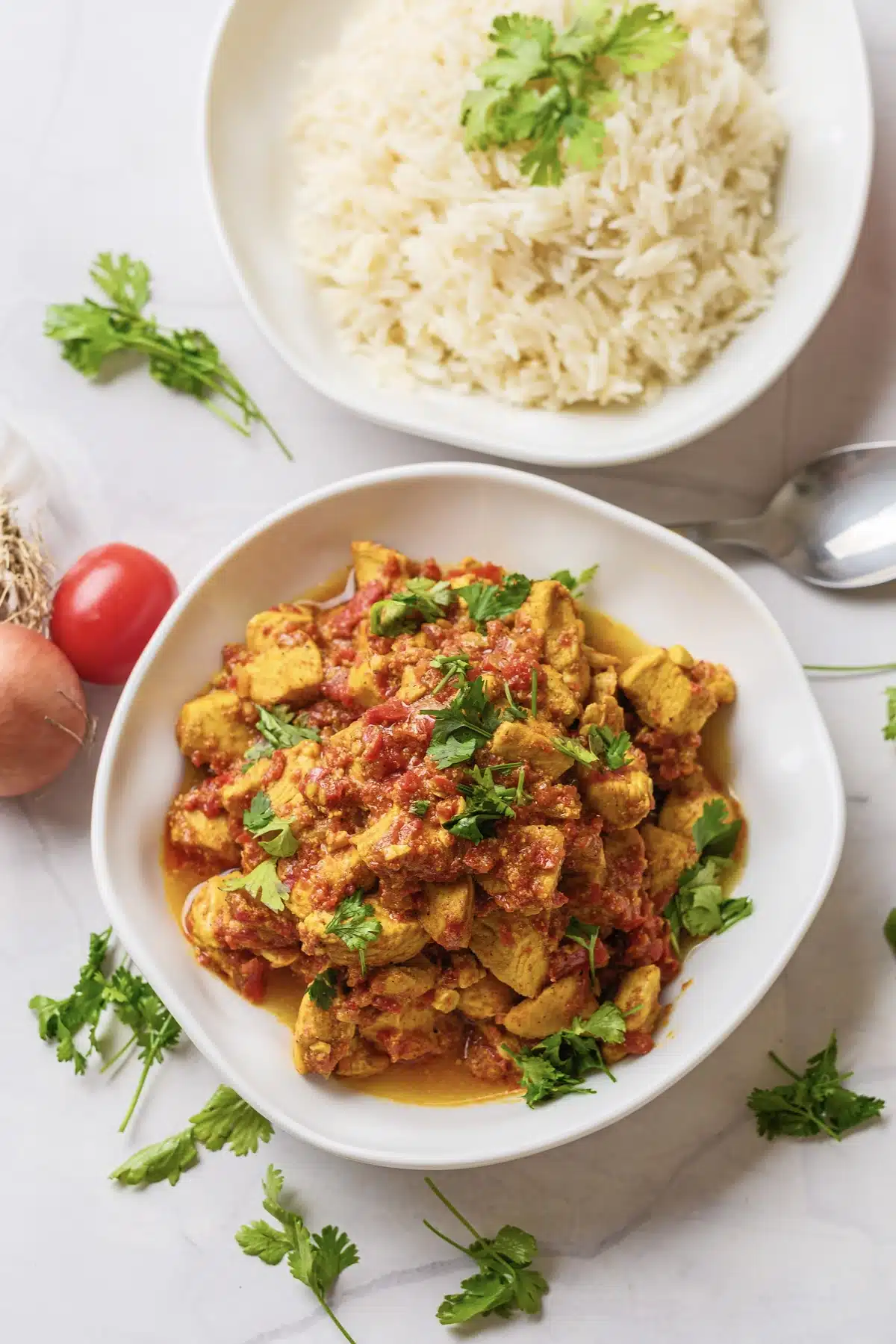 A white plate of spiced meat pieces in a thick red sauce with cilantro, a whole onion and tomato beside it