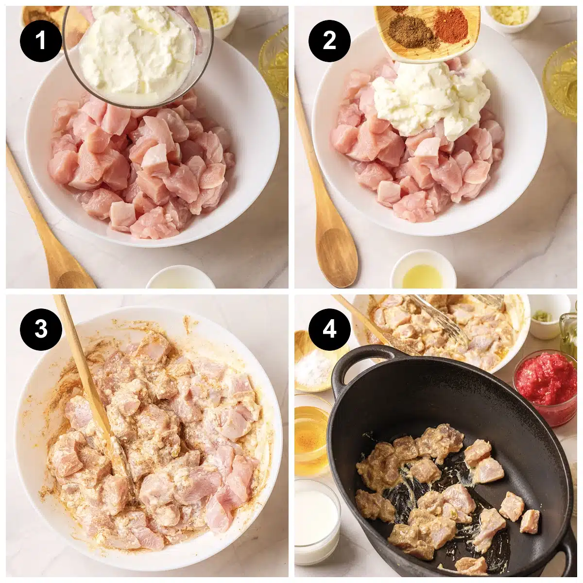 Four steps for chicken tikka masala: yogurt poured over the cubed chicken, spices added, the marinated chicken stirred, and the pieces searing in a black cast-iron pot
