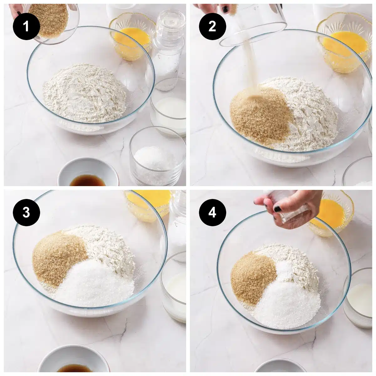 Four steps: flour in a bowl, sugars added, salt shaken in, then the dry mix whisked