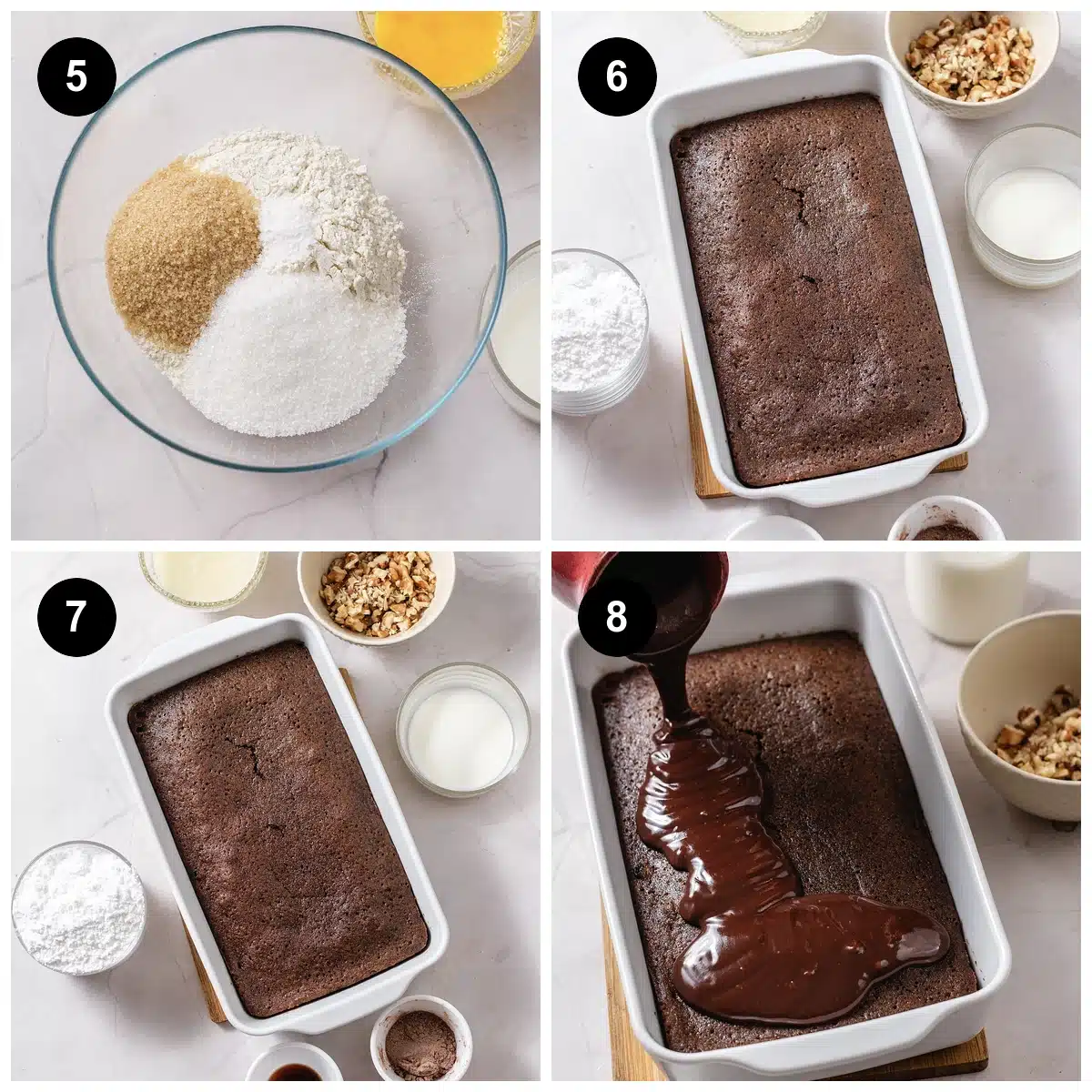 Four steps: the baked slab, cooled, frosting poured on, then poured again