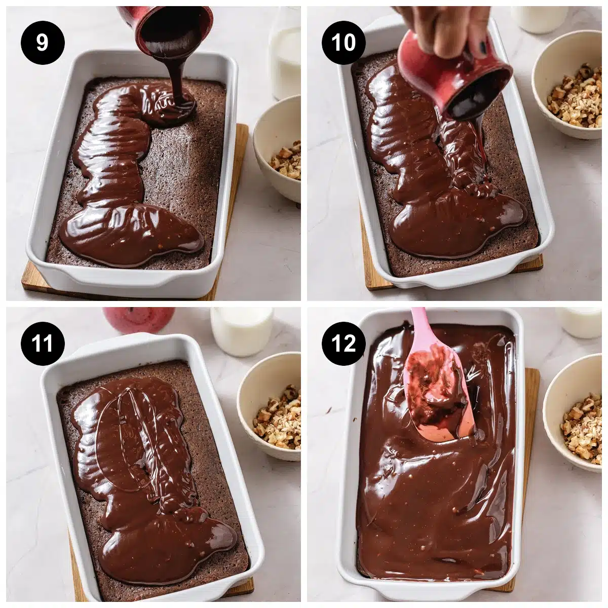 Four steps: more frosting poured over, pooled on the surface, then spread flat