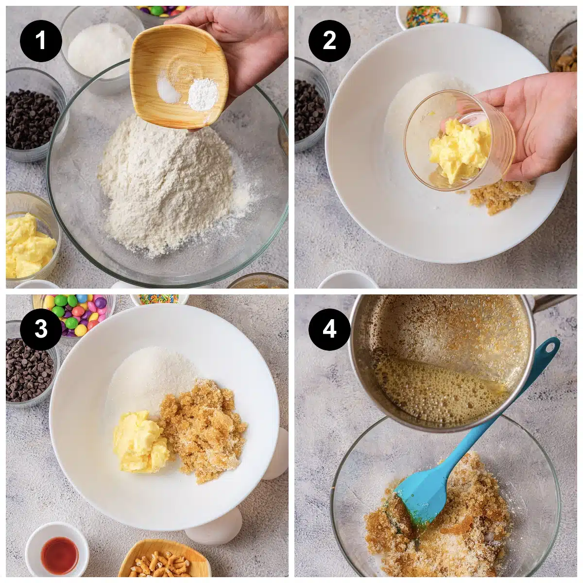 Four steps: baking powder and salt tipped into flour, softened butter added to a bowl of sugars, butter and both sugars together, then melted butter held over the sugars