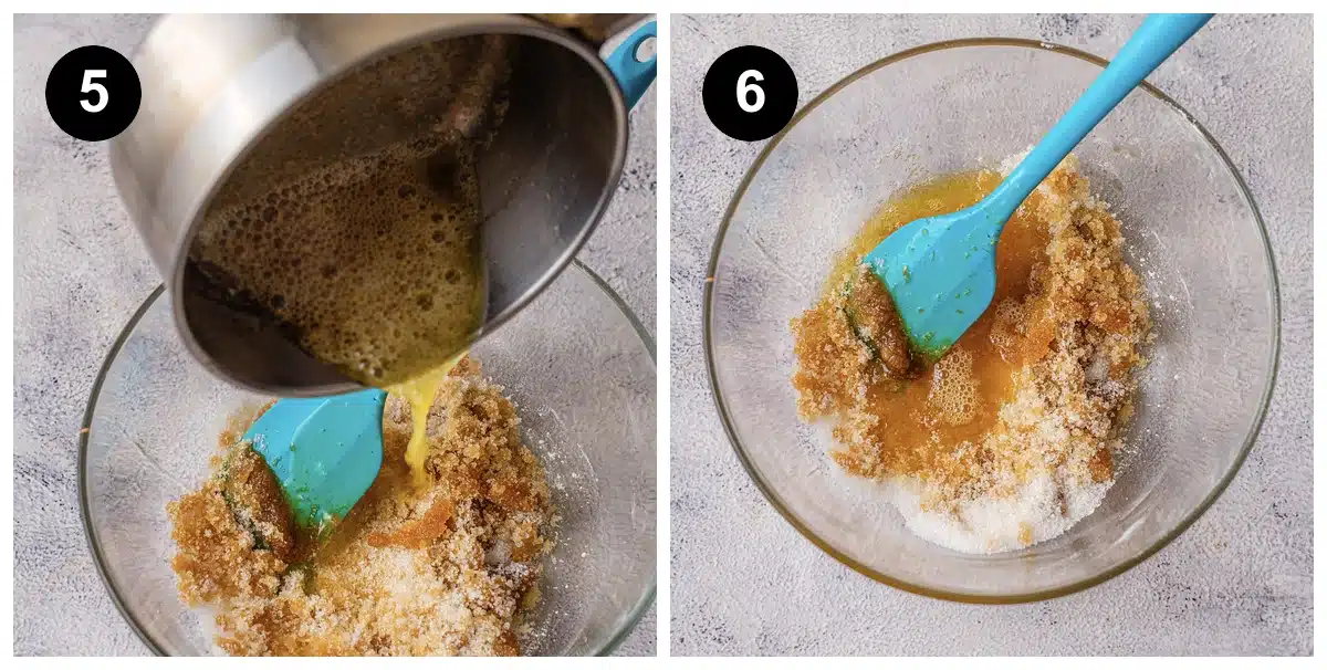 Melted butter poured from a saucepan over brown and white sugar in a glass bowl, then stirred together with a blue spatula