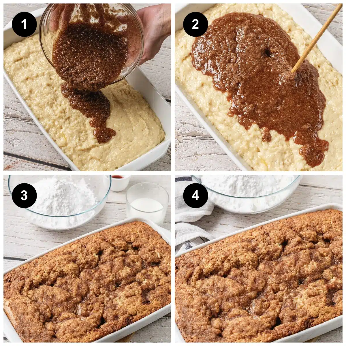 Four steps: the swirl poured over the batter, marbled in, then the finished bake
