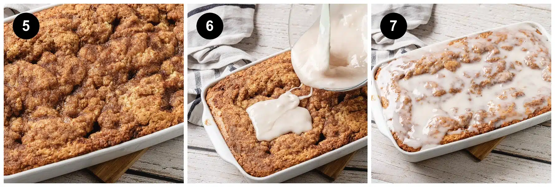 Three steps: the baked pan cooling, icing poured over, then the glazed top