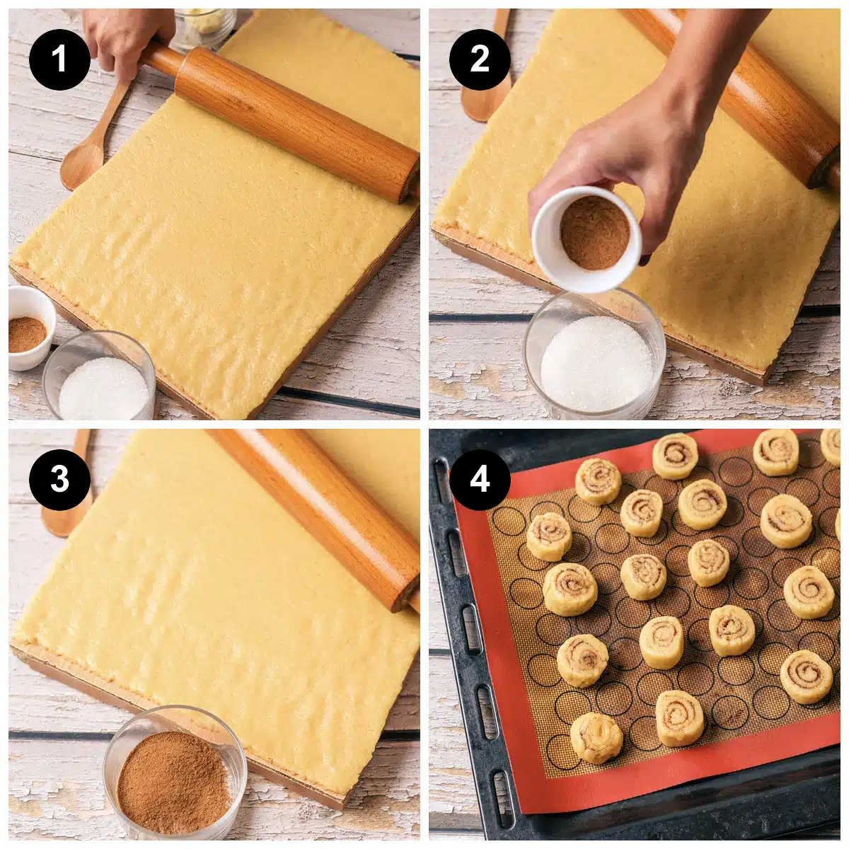 Four steps for cinnamon roll cookies: the dough rolled into a rectangle, cinnamon tipped into sugar, the filling ready beside the sheet, then sliced spirals on a baking mat