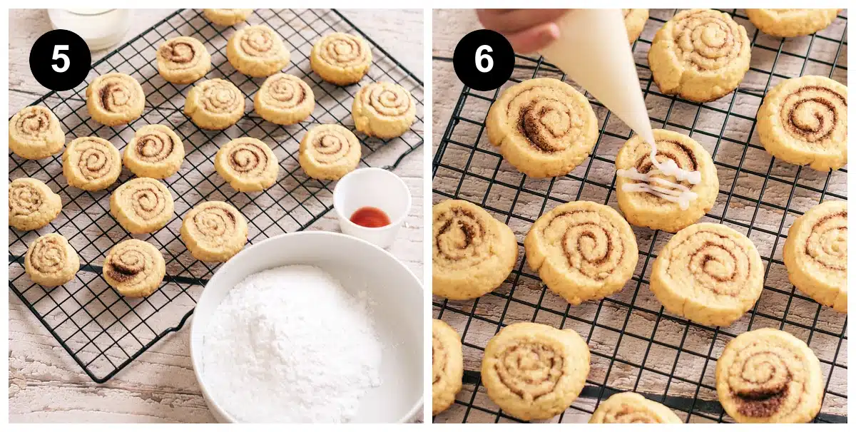 Baked spirals cooling on a rack beside a bowl of powdered sugar, then white glaze piped over them from a bag