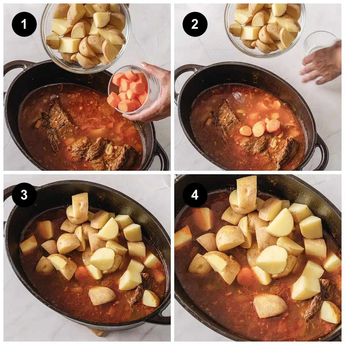 Four steps: adding potatoes and carrots to the pot, then the braise before the oven
