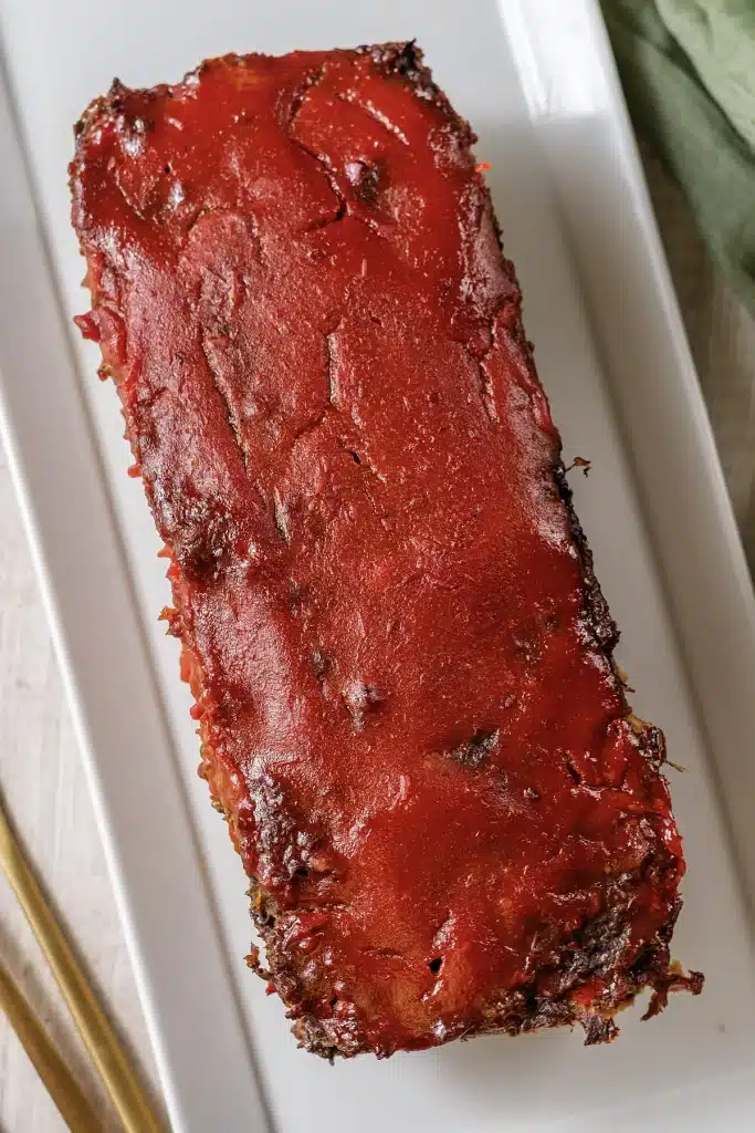 Cracker Barrel meatloaf whole and glazed, photographed from directly above