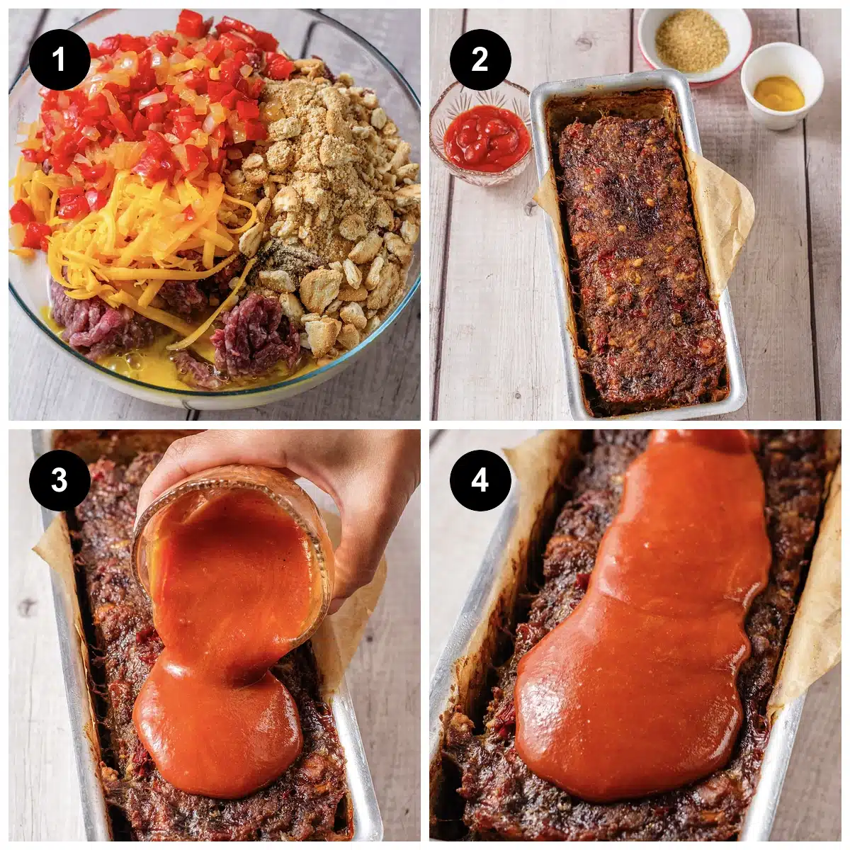 Four steps: the mixture in a bowl, pressed into the pan, glaze poured on, then baked