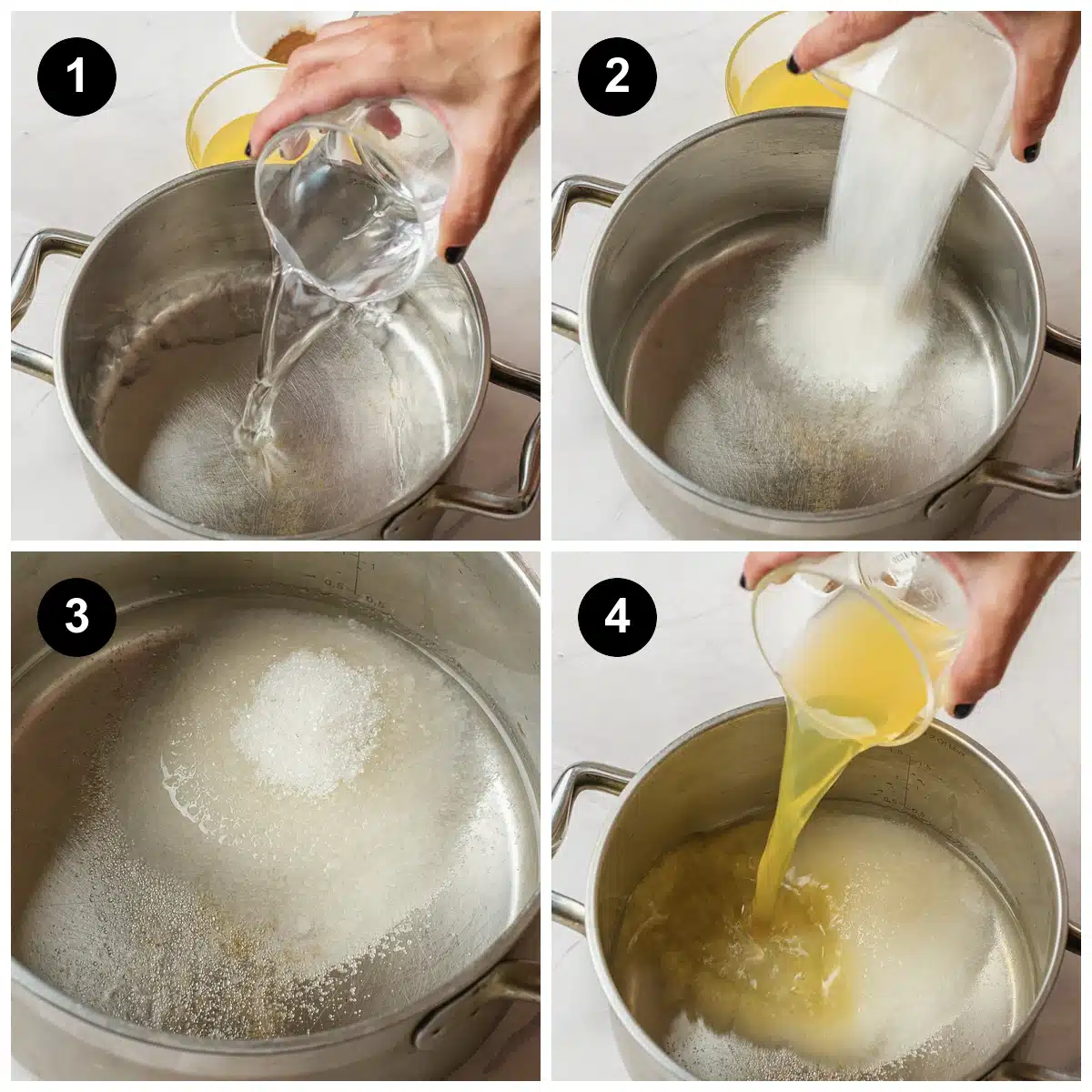 Four steps: water poured into a pot, sugar added, the sugar dissolving, then orange juice poured in