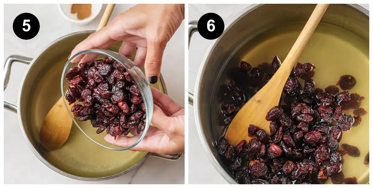 Two steps: a bowl of dried berries tipped into the pot of syrup, then stirred with a wooden spoon