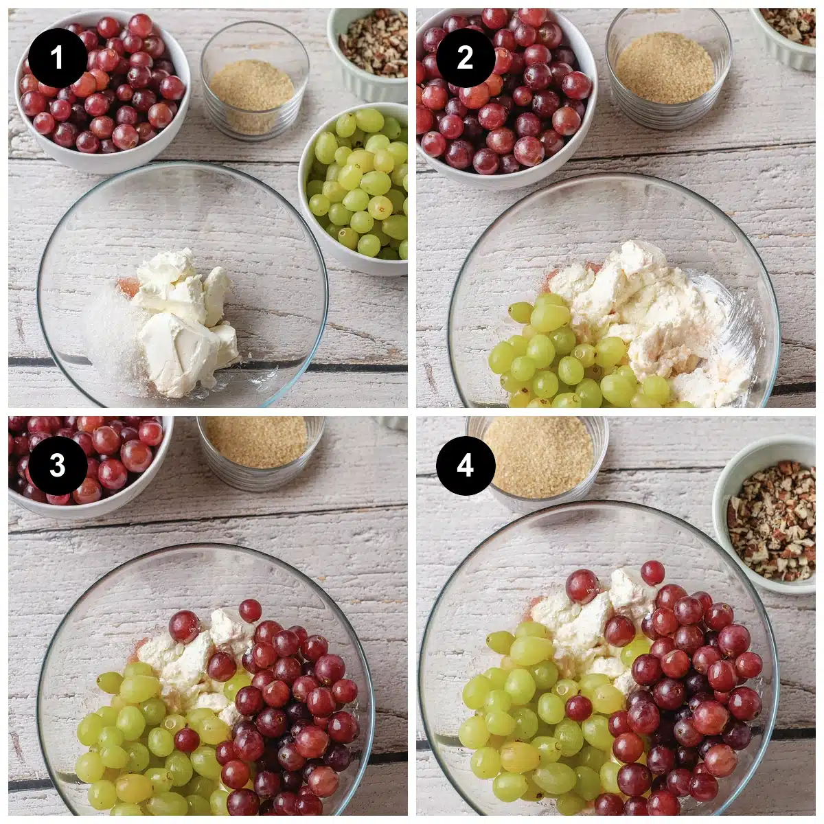 Four steps: the cheese base beaten smooth, pale fruit folded in, red added, then everything coated