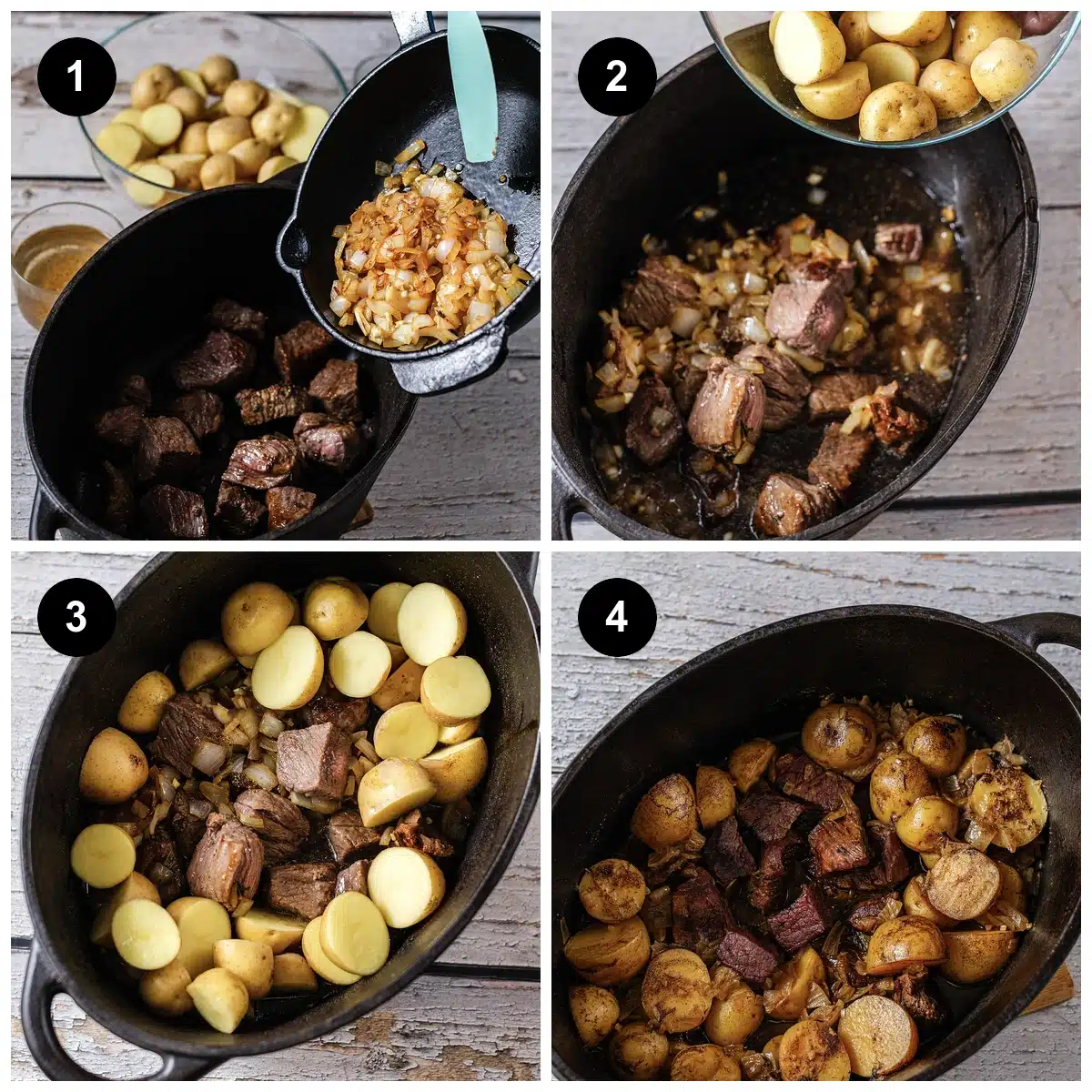 Four steps: onions tipped in over the browned meat, the pot filled, then the finished dish