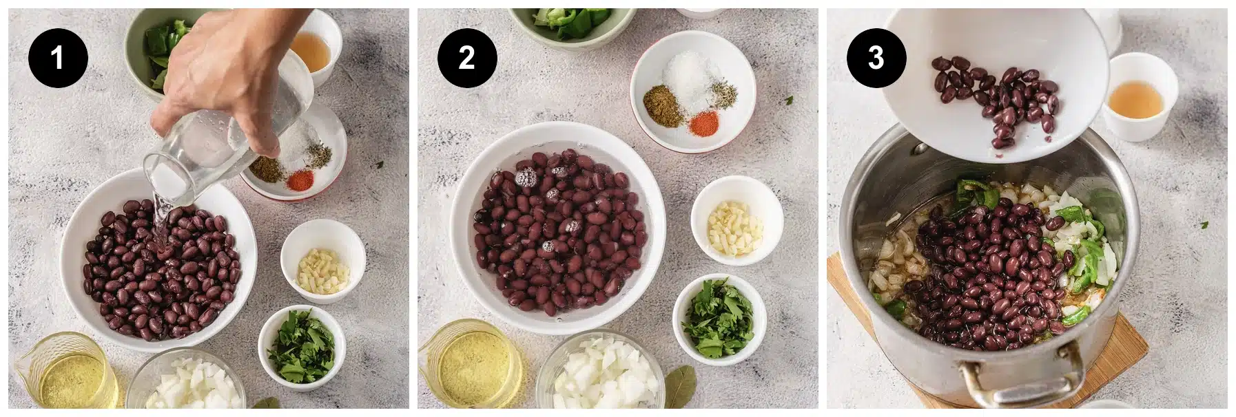 Three steps: water measured out, the prepped ingredients, then the pot filled